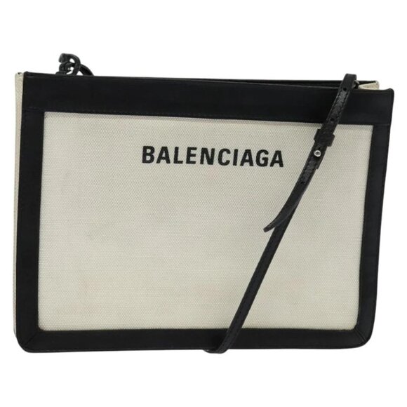 BALENCIAGA Navy Pochette Bag Canvas Leather White Navy Silver - Picture 1 of 15